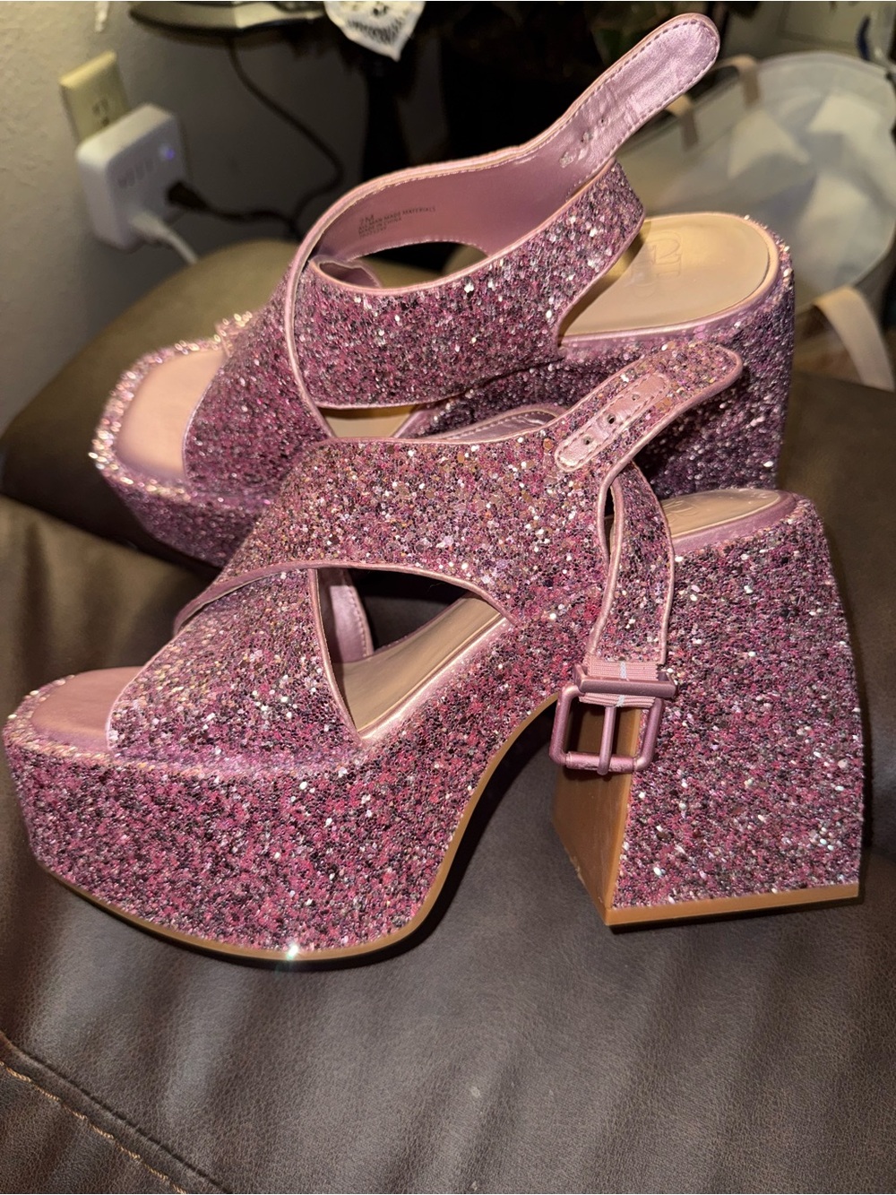 Pink Glitter Platform Sandals - Women's Slingback Heels